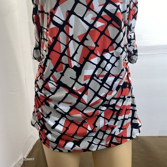 Alfani Blouse Womens M Black Red Geometric Print Short Ruched Sleeve Stretch - Picture 8 of 12